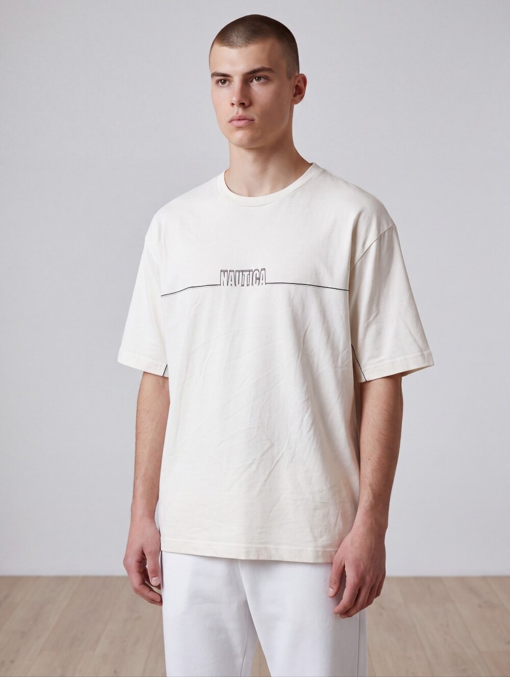 Nautica White Short-Sleeve Logo Tee with Navy Trim
